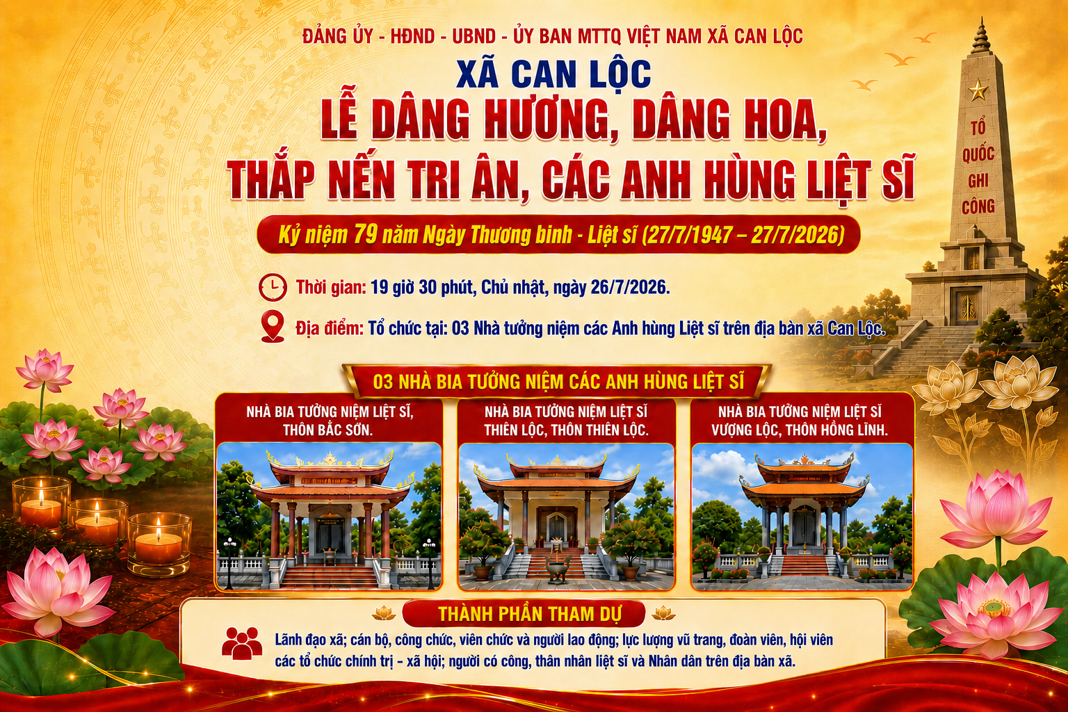 Thông báo Chương trình dâng hương, dâng hoa, thắp nến tri ân tại các Nhà bia tưởng niệm Liệt sĩ nhân dịp kỷ niệm 79 năm Ngày Thương binh - Liệt sĩ (27/7/1947 - 27/7/2026)