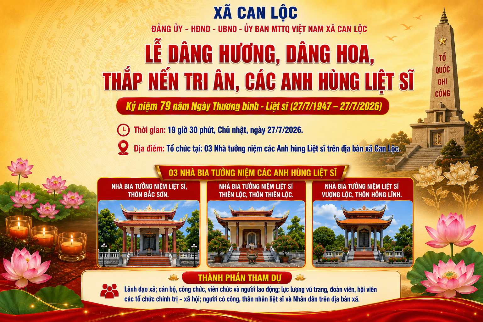 Thông báo Chương trình dâng hương, dâng hoa, thắp nến tri ân tại các Nhà bia tưởng niệm Liệt sĩ nhân dịp kỷ niệm 79 năm Ngày Thương binh - Liệt sĩ (27/7/1947 - 27/7/2026)