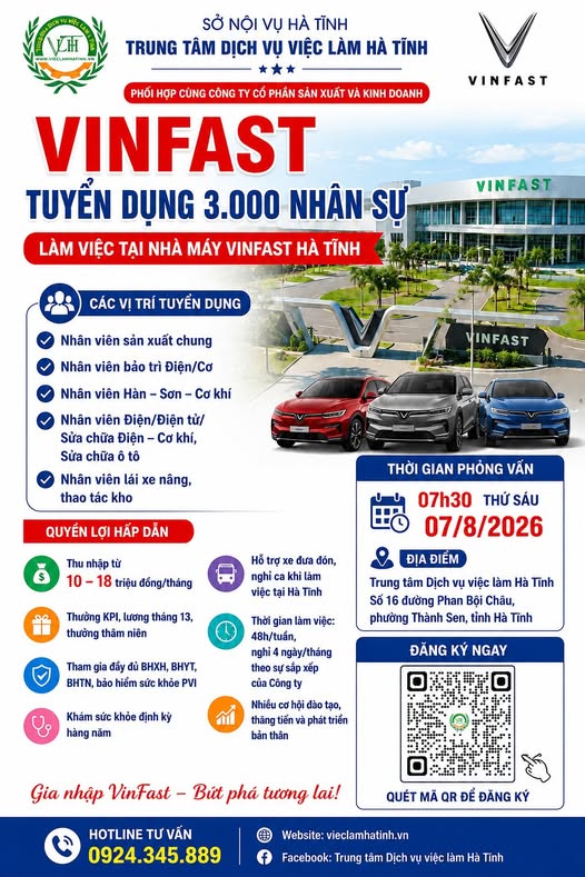 Vinfast tuyển dụng 3.000 nhân sự làm việc tại nhà máy vinfast Hà Tĩnh