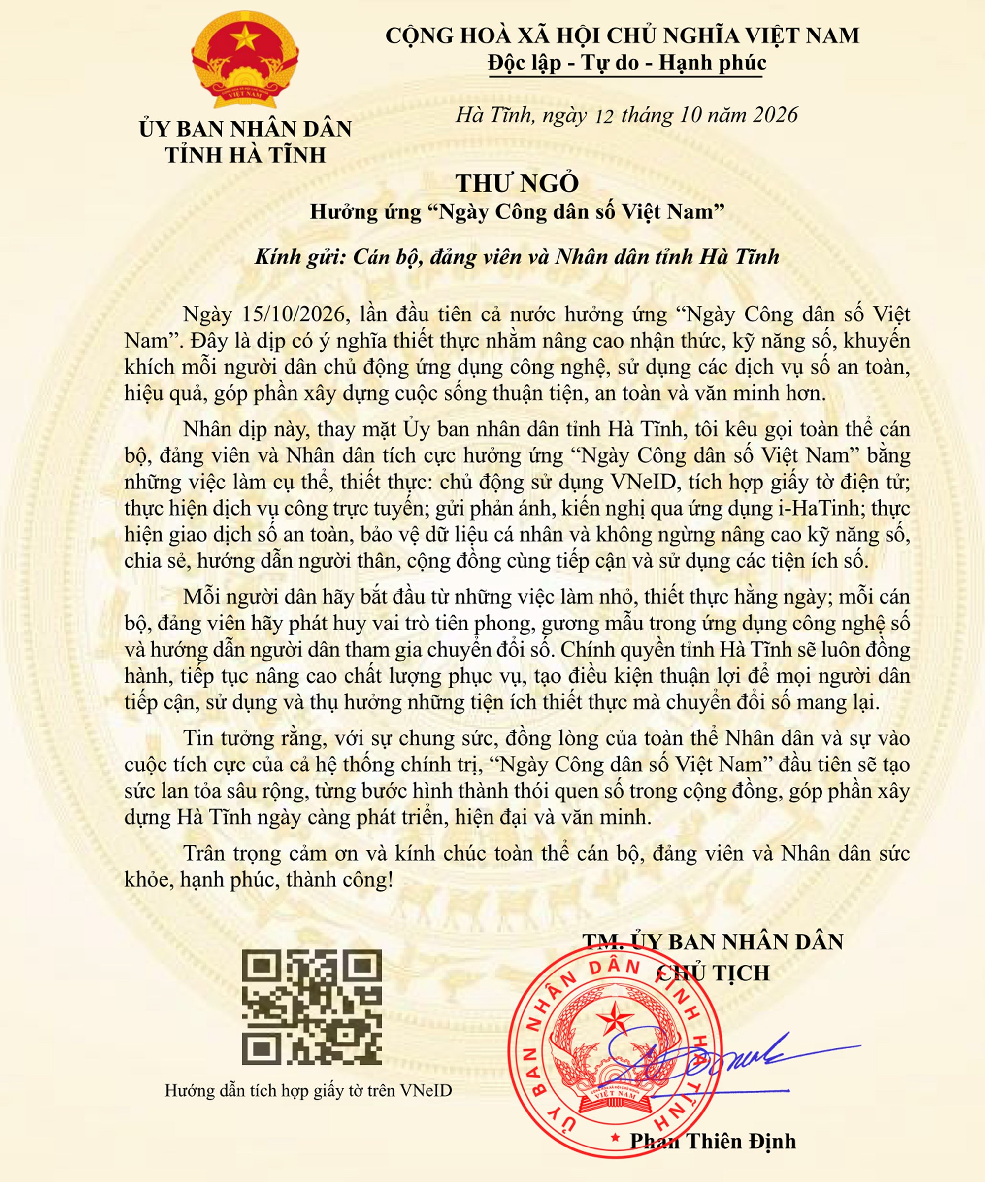 Chủ tịch UBND tỉnh Hà Tĩnh kêu gọi tích cực hưởng ứng “Ngày Công dân số Việt Nam”