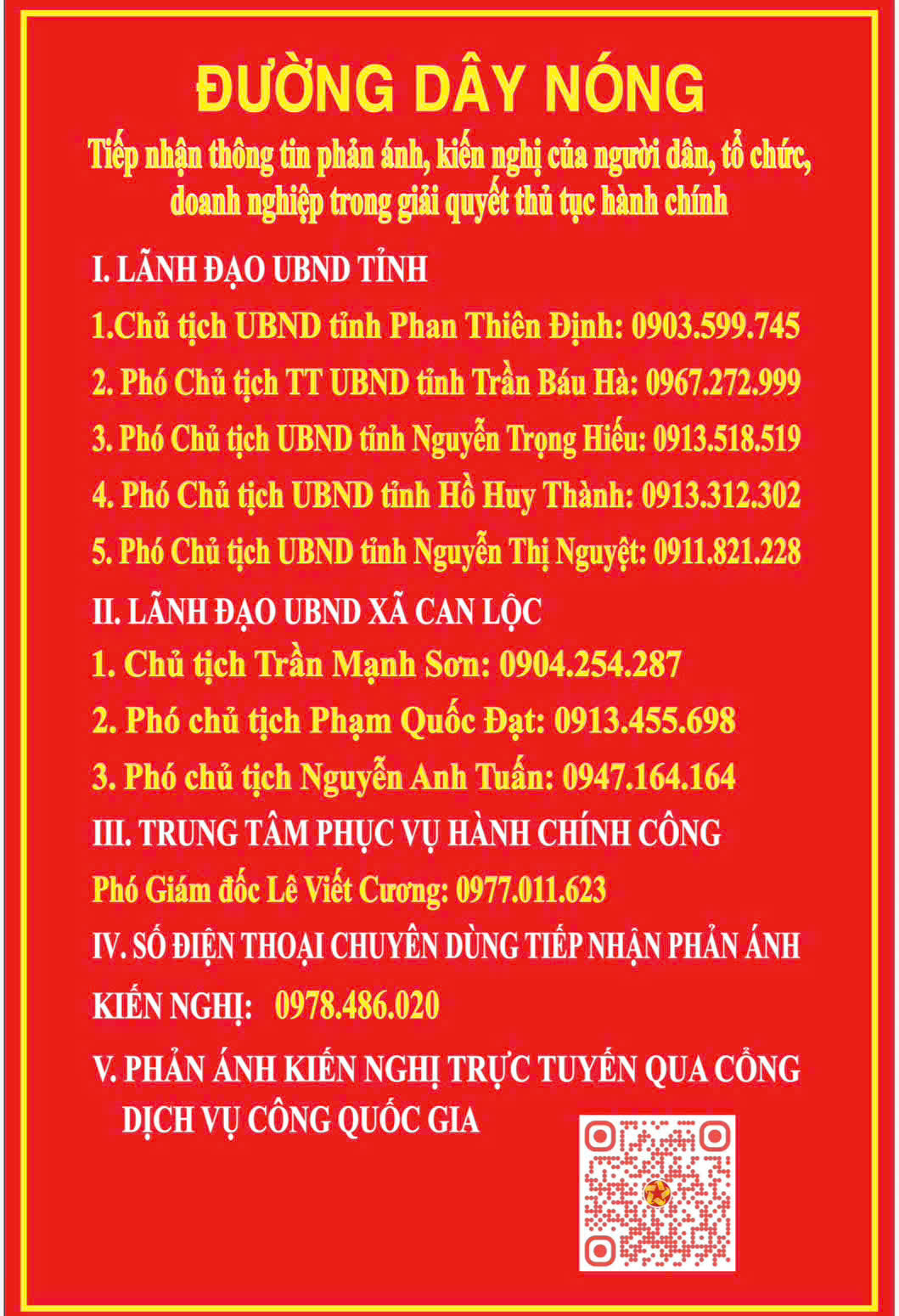 Ubnd xã can lộc công khai địa chỉ và số điện thoại tiếp nhận; phản ánh kiến nghị.