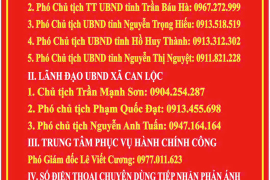 Ubnd xã can lộc công khai địa chỉ và số điện thoại tiếp nhận; phản ánh kiến nghị.